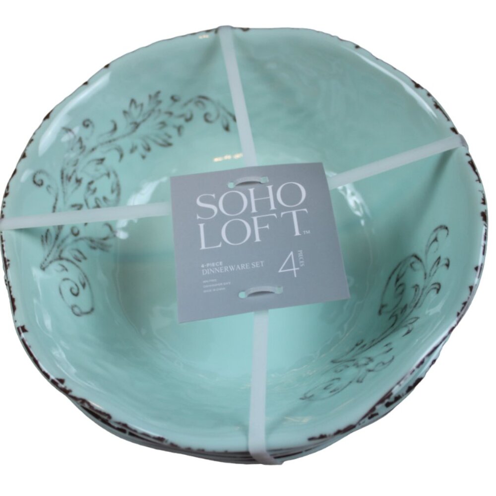 Soho Loft Melamine Bowls Cereal Soup Seafoam Lt Green Brown Rustic Set of 4 NWT